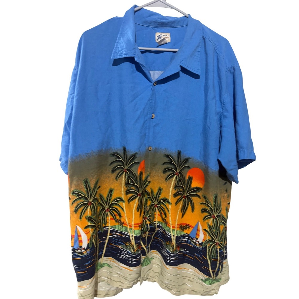 Cherokee Waikiki‎ Wear Mens 2XL Hawaiian Shirt Blue Tropical Sunset Rayon Aloha